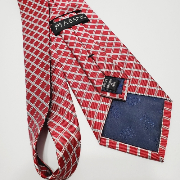Jos. A. Bank Necktie Red & Silver Geometric Pattern Men's Repp Silk Neck Tie - Picture 4 of 5